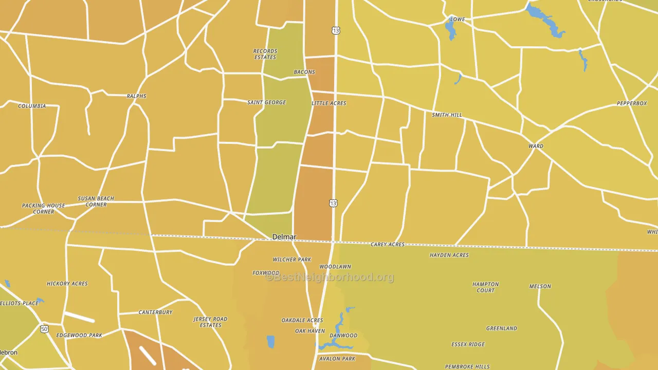 Map of the best neighborhoods in the 19940 area, with better matches in green and worse matches in red