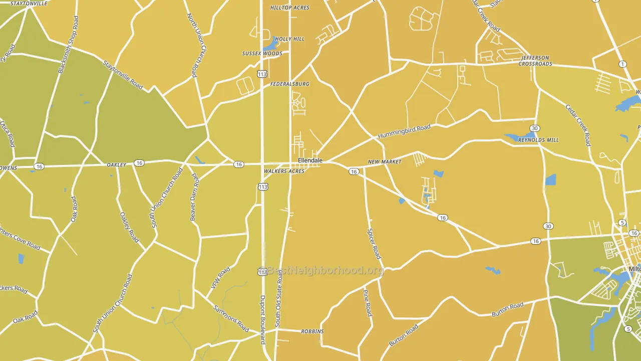 Map of the best neighborhoods in the 19941 area, with better matches in green and worse matches in red