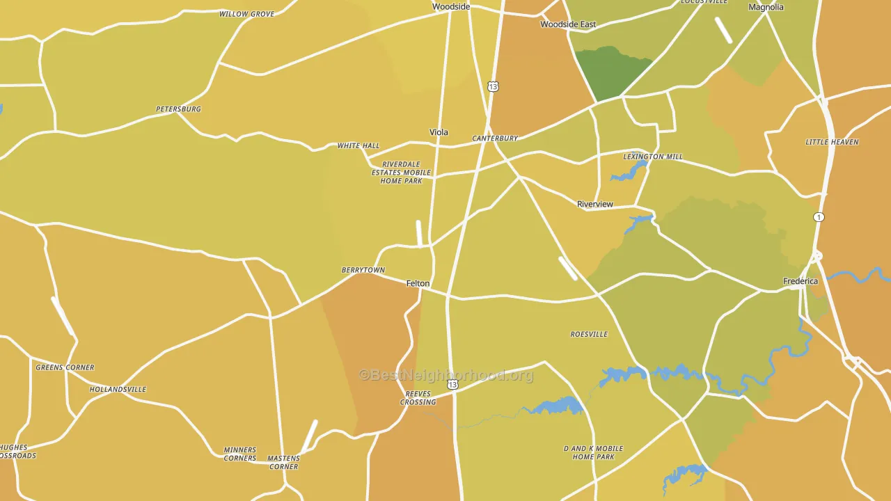 Map of the best neighborhoods in the 19943 area, with better matches in green and worse matches in red