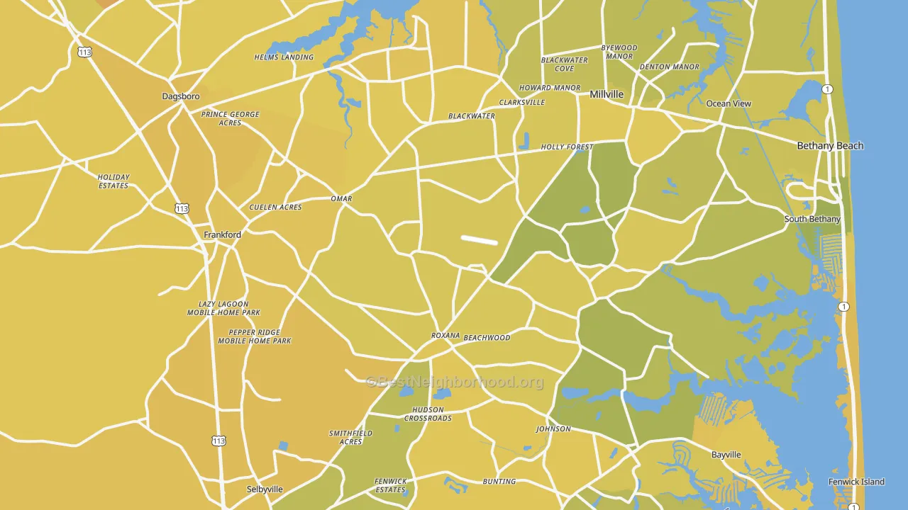 Map of the best neighborhoods in the 19945 area, with better matches in green and worse matches in red