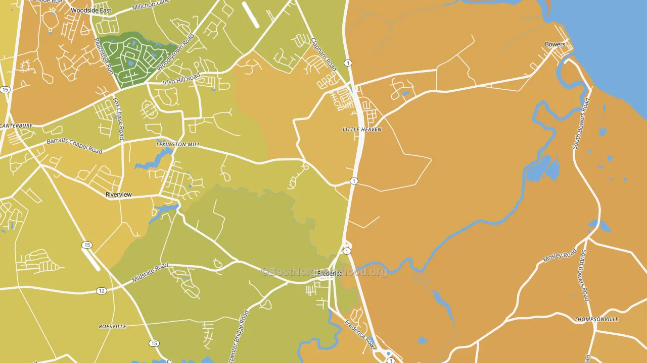 Map of the best neighborhoods in the 19946 area, with better matches in green and worse matches in red