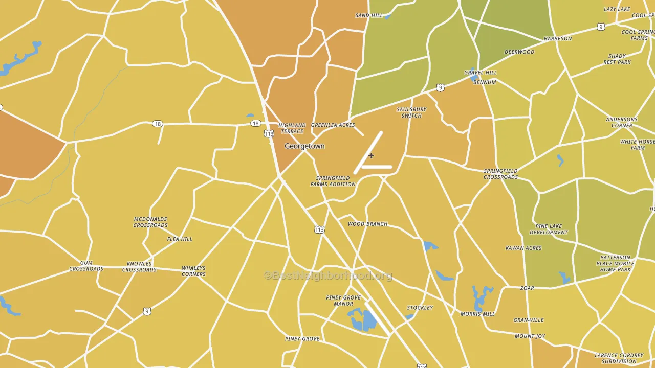 Map of the best neighborhoods in the 19947 area, with better matches in green and worse matches in red