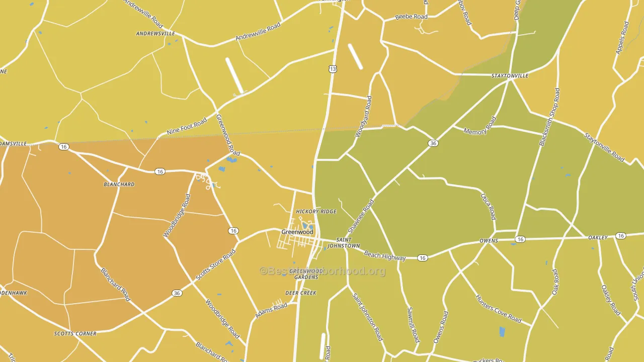 Map of the best neighborhoods in the 19950 area, with better matches in green and worse matches in red