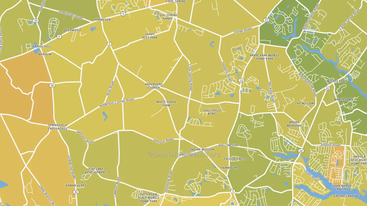 Map of the best neighborhoods in the 19951 area, with better matches in green and worse matches in red