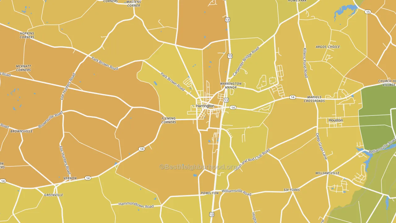 Map of the best neighborhoods in the 19952 area, with better matches in green and worse matches in red