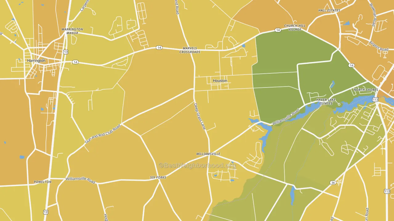 Map of the best neighborhoods in the 19954 area, with better matches in green and worse matches in red
