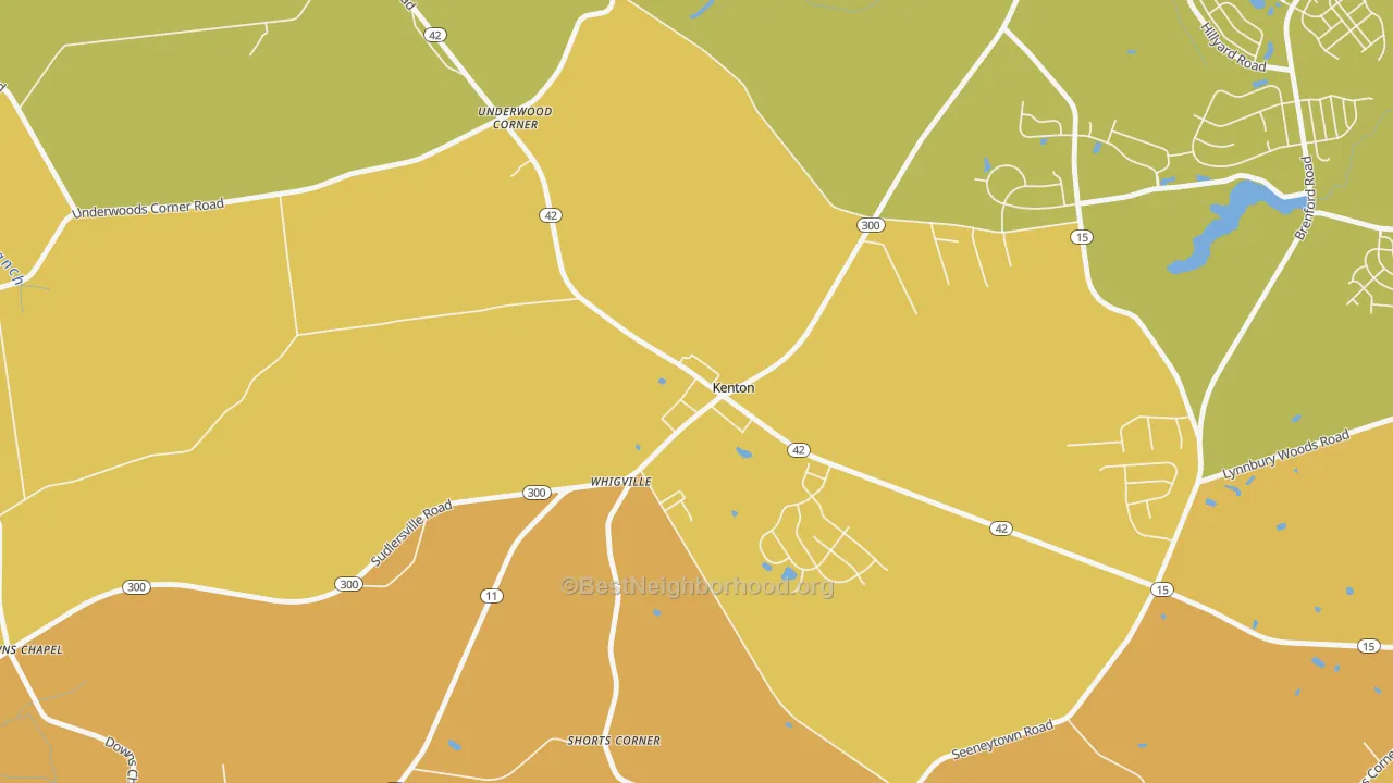 Map of the best neighborhoods in the 19955 area, with better matches in green and worse matches in red