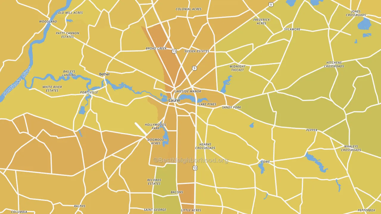 Map of the best neighborhoods in the 19956 area, with better matches in green and worse matches in red