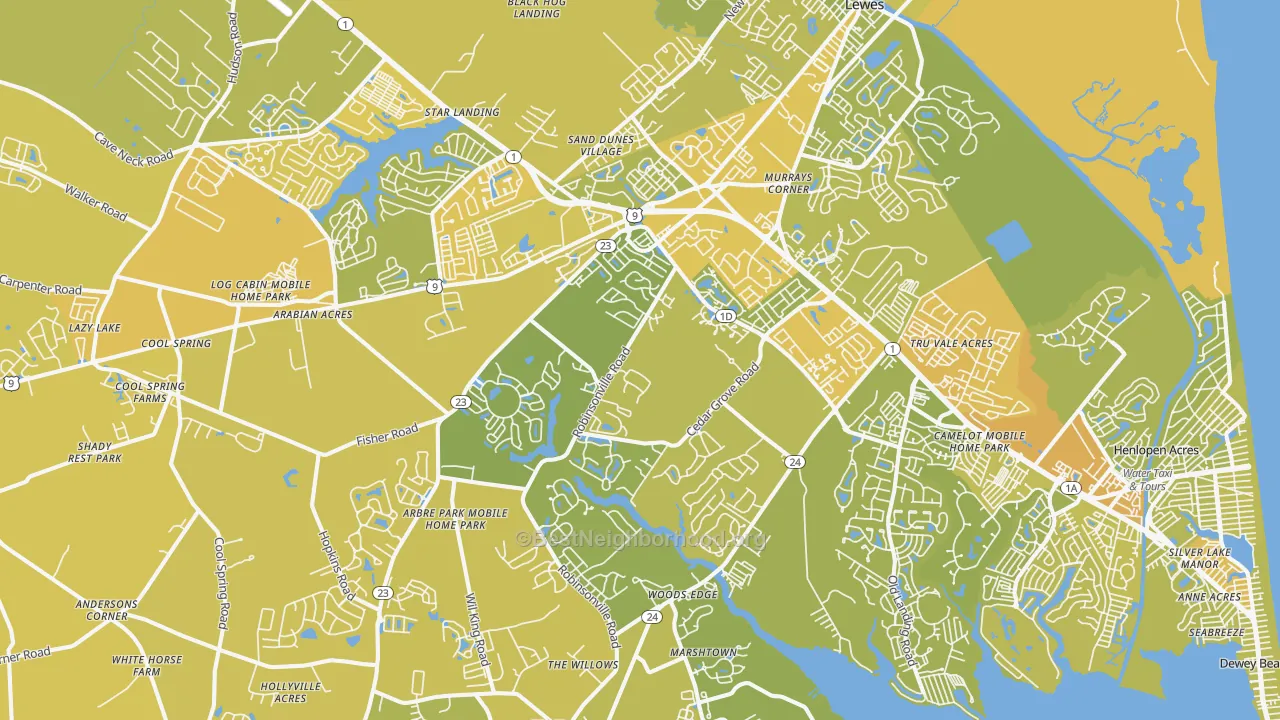 Map of the best neighborhoods in the 19958 area, with better matches in green and worse matches in red
