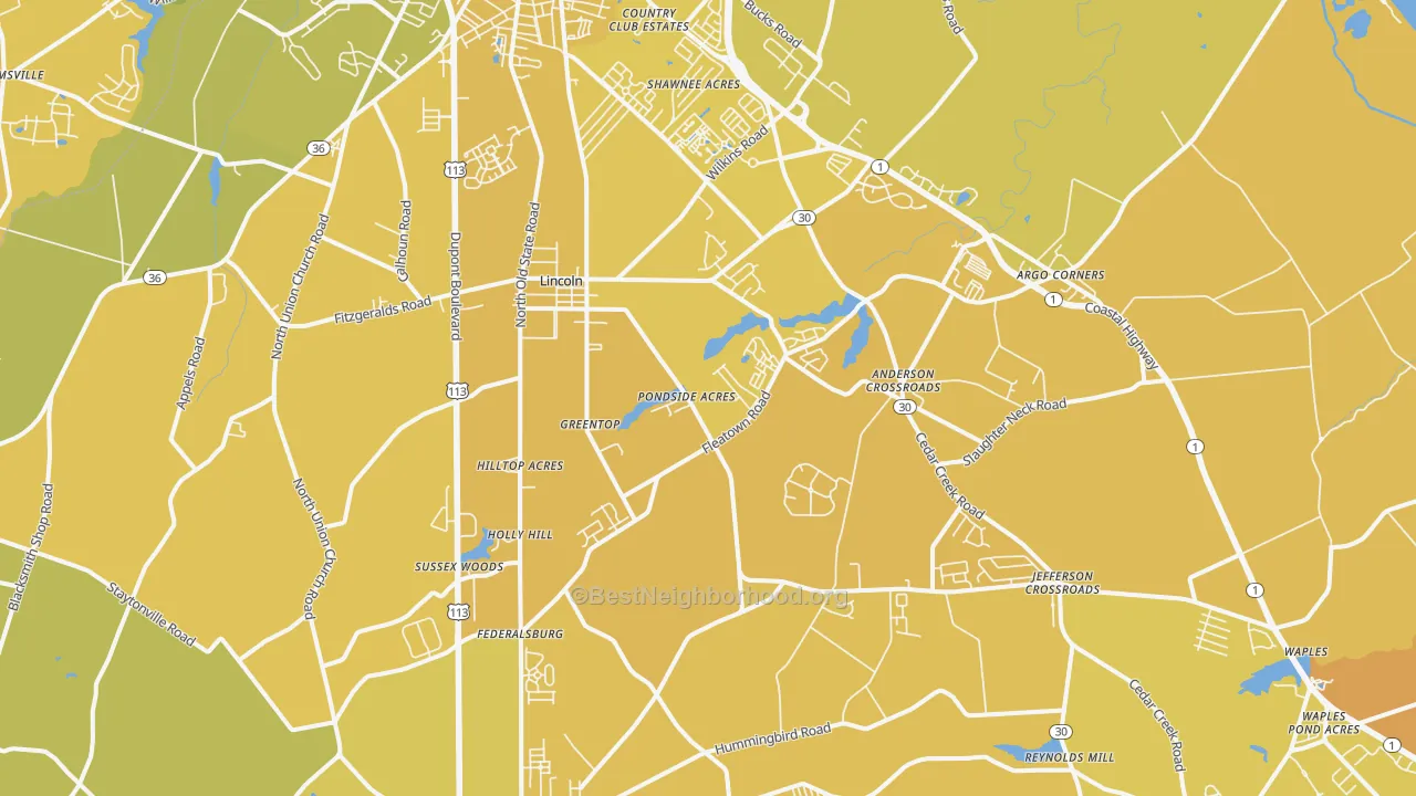 Map of the best neighborhoods in the 19960 area, with better matches in green and worse matches in red
