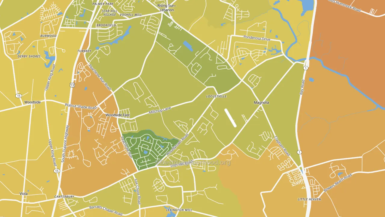 Map of the best neighborhoods in the 19962 area, with better matches in green and worse matches in red