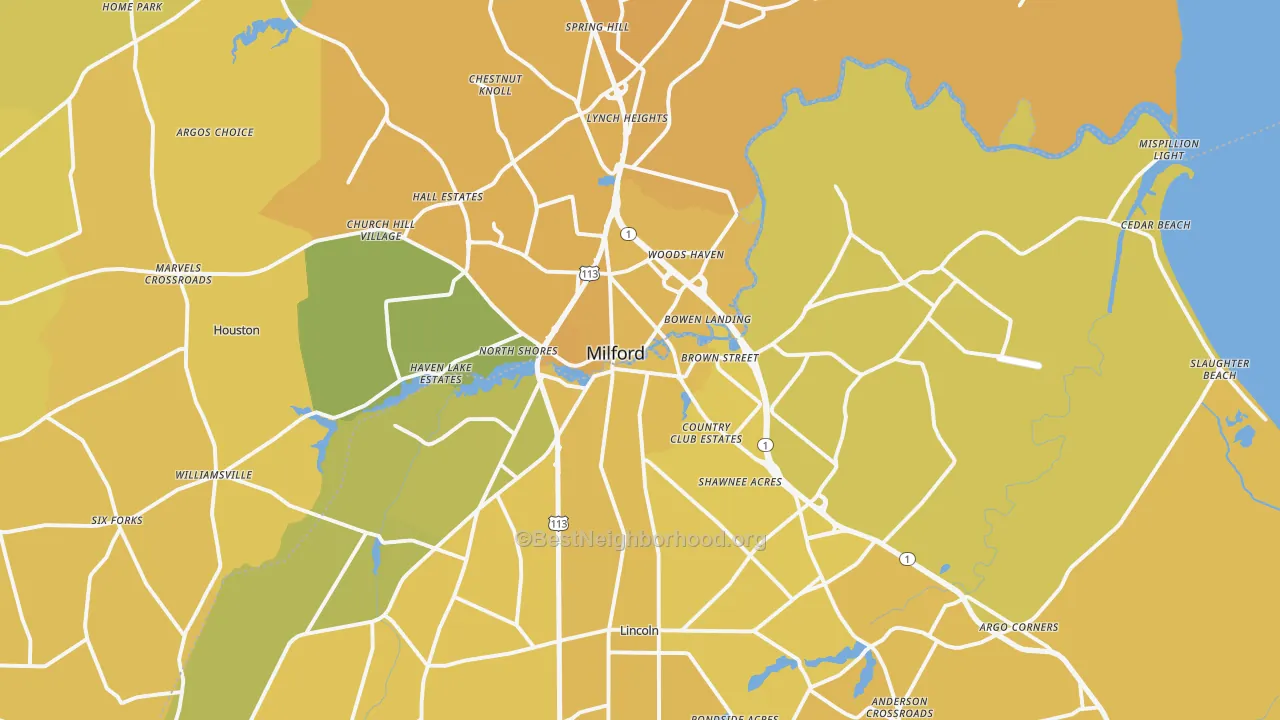Map of the best neighborhoods in the 19963 area, with better matches in green and worse matches in red