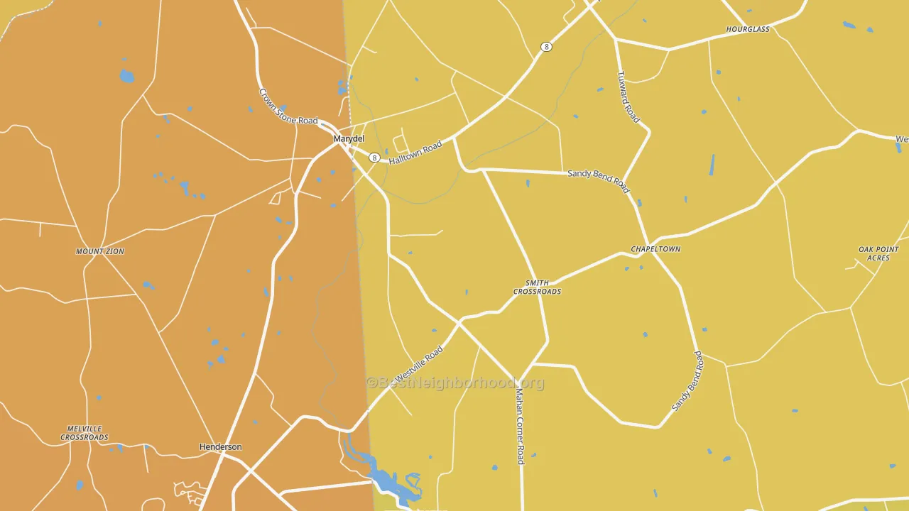 Map of the best neighborhoods in the 19964 area, with better matches in green and worse matches in red
