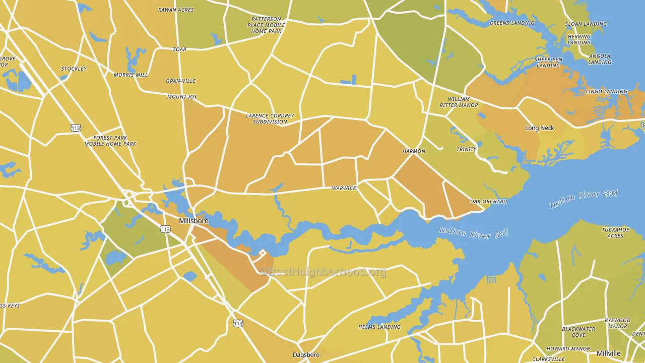 Map of the best neighborhoods in the 19966 area, with better matches in green and worse matches in red