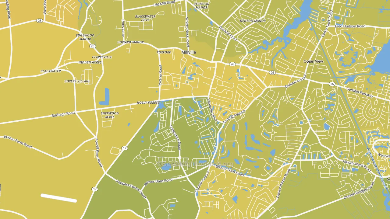 Map of the best neighborhoods in the 19967 area, with better matches in green and worse matches in red