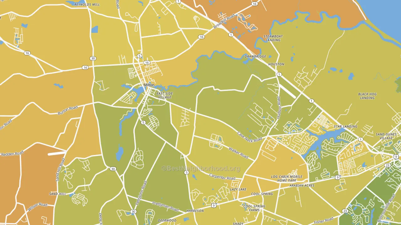 Map of the best neighborhoods in the 19968 area, with better matches in green and worse matches in red