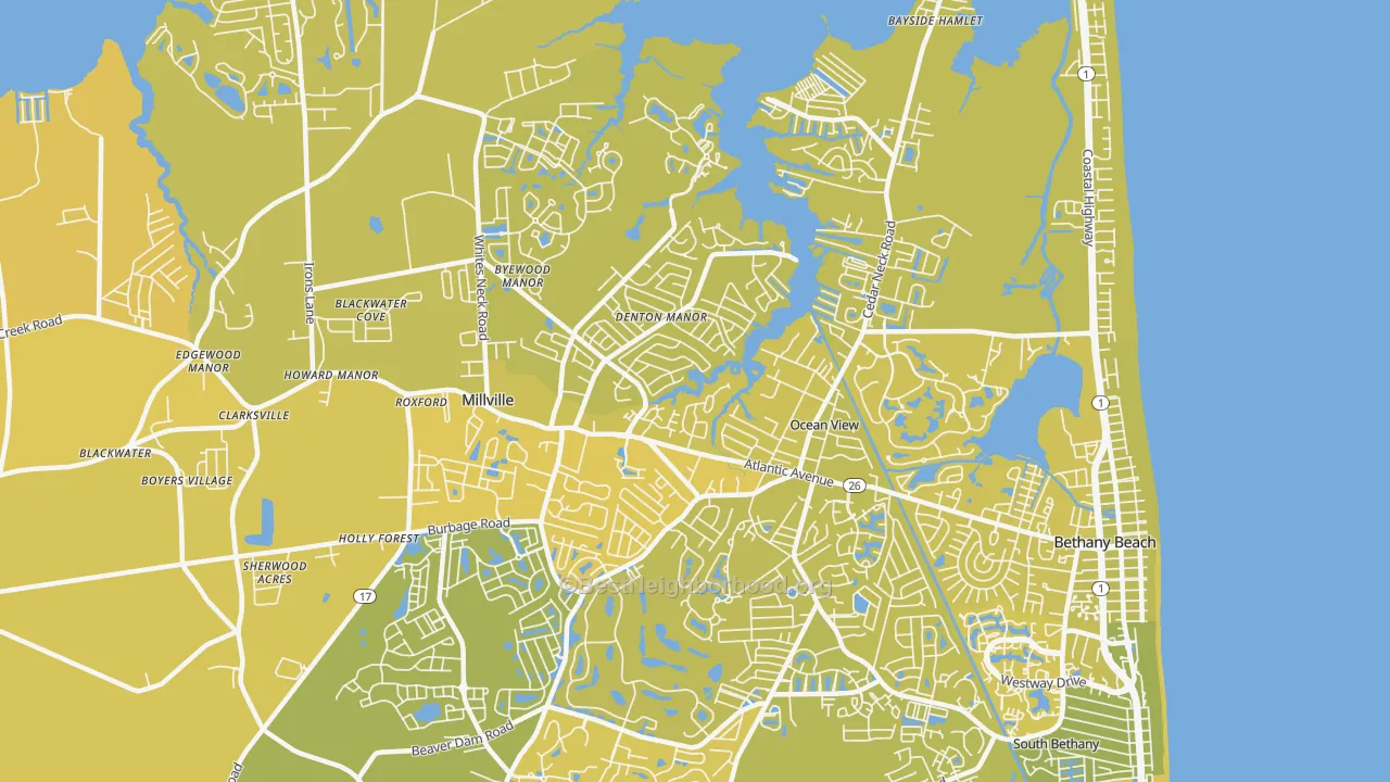 Map of the best neighborhoods in the 19970 area, with better matches in green and worse matches in red
