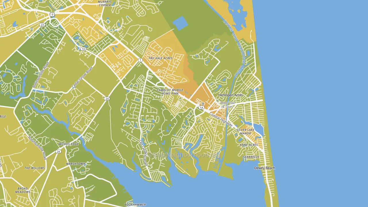 Map of the best neighborhoods in the 19971 area, with better matches in green and worse matches in red