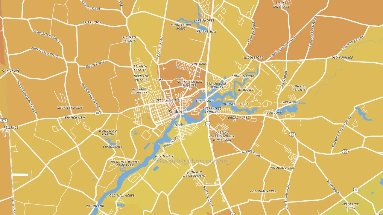 Map of the best neighborhoods in the 19973 area, with better matches in green and worse matches in red
