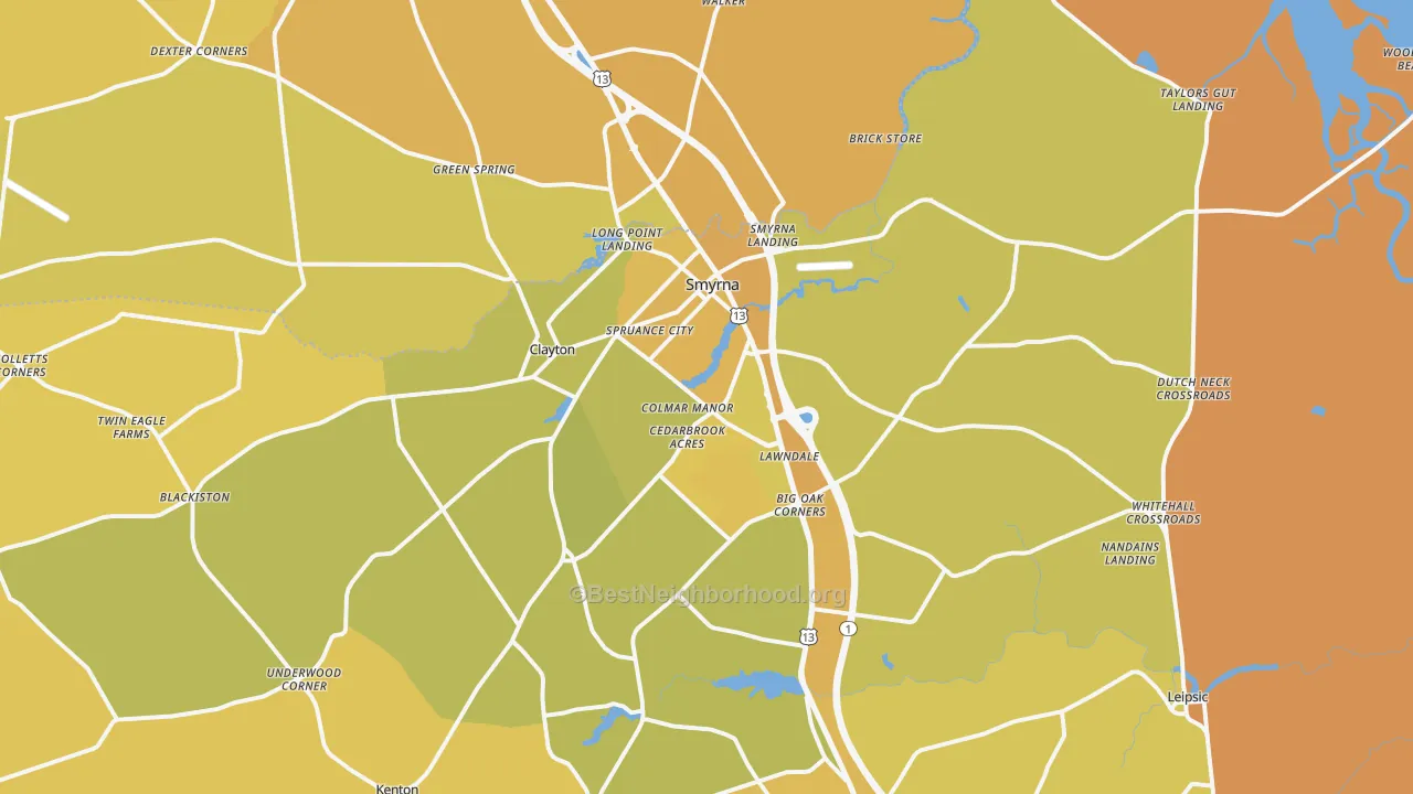 Map of the best neighborhoods in the 19977 area, with better matches in green and worse matches in red