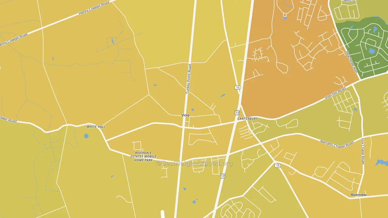 Map of the best neighborhoods in the 19979 area, with better matches in green and worse matches in red
