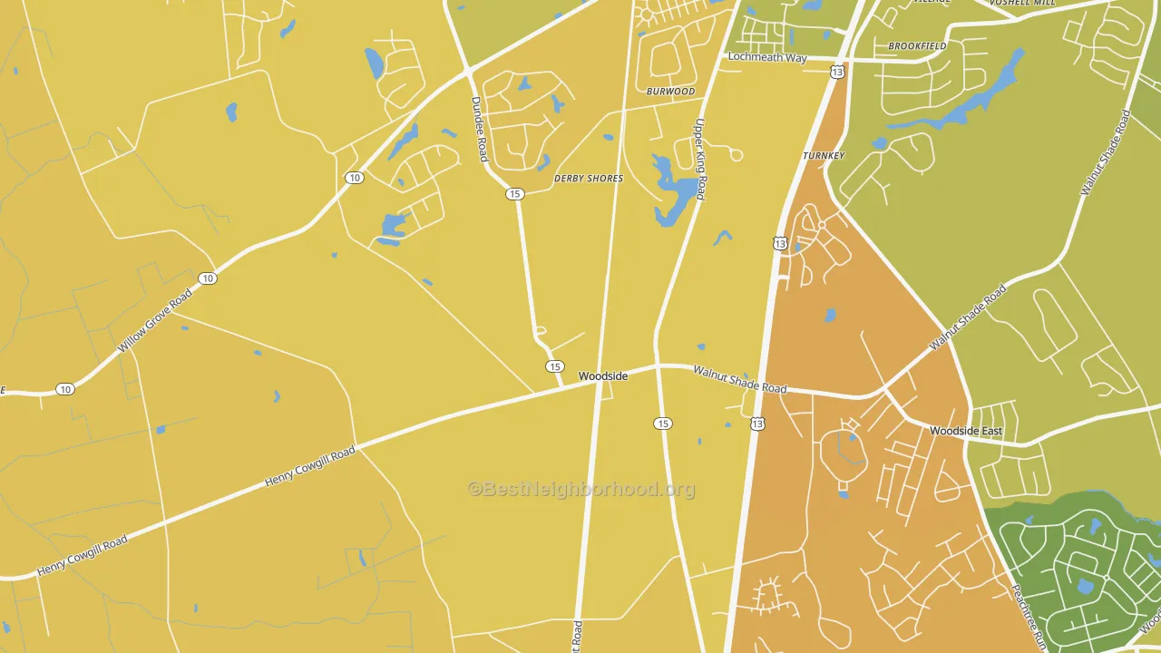 Map of the best neighborhoods in the 19980 area, with better matches in green and worse matches in red