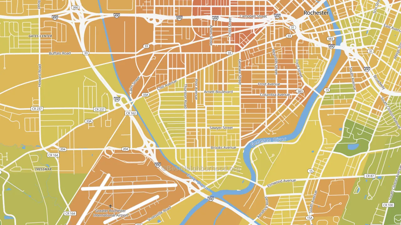 Map of the best neighborhoods in the 19th Ward, Rochester area, with better matches in green and worse matches in red