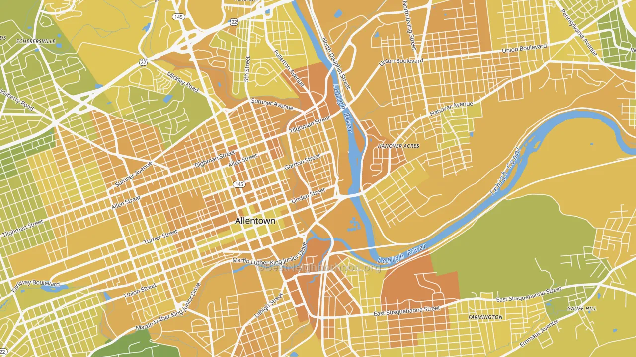 Map of the best neighborhoods in the 1st Ward, Allentown area, with better matches in green and worse matches in red