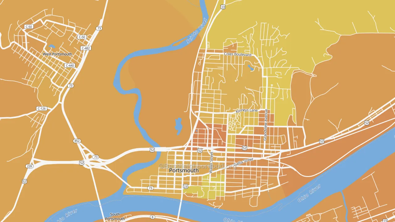 Map of the best neighborhoods in the 1st Ward, Portsmouth area, with better matches in green and worse matches in red