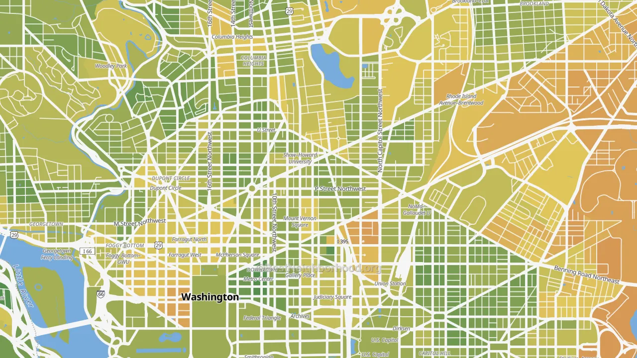 Map of the best neighborhoods in the 20001 area, with better matches in green and worse matches in red
