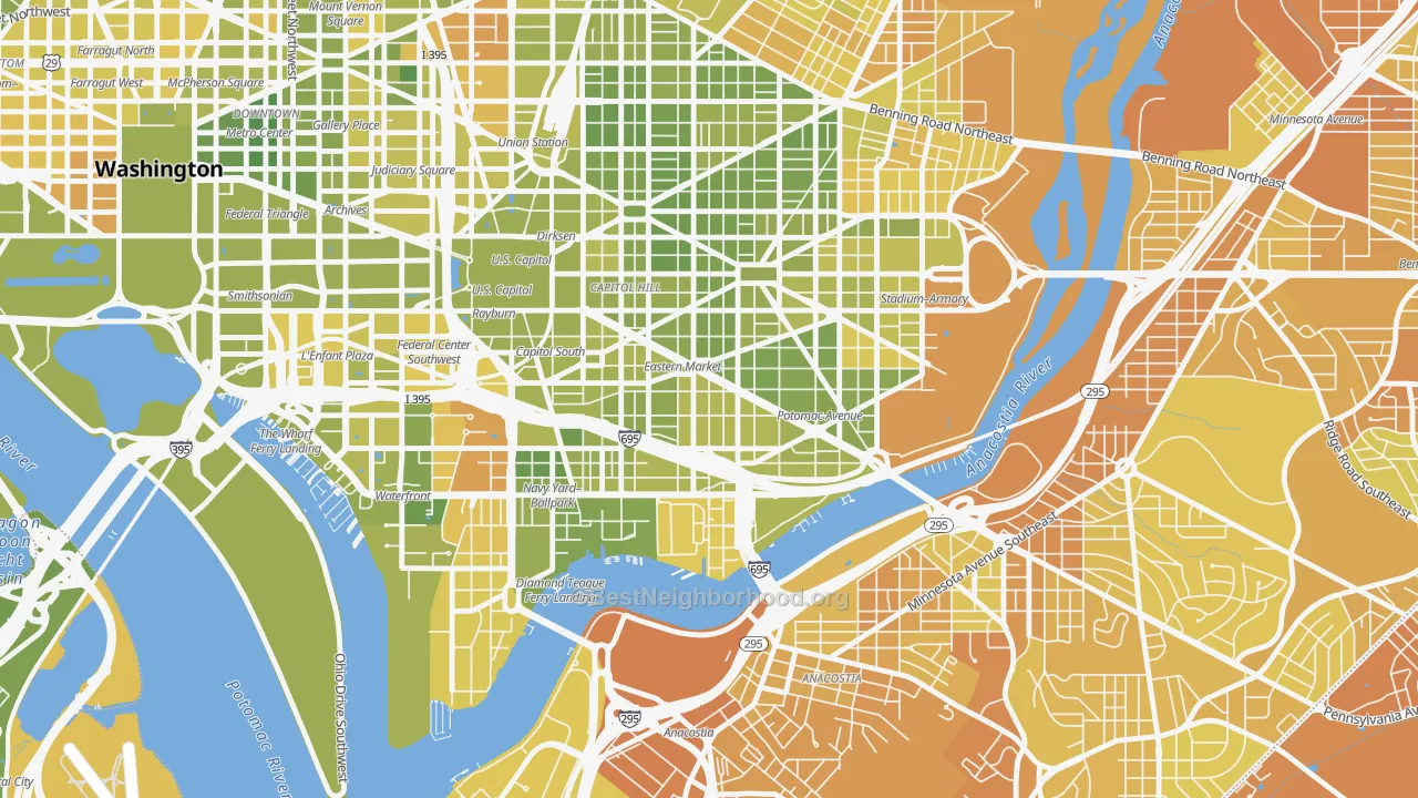 Map of the best neighborhoods in the 20003 area, with better matches in green and worse matches in red