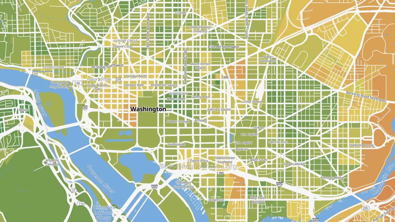 Map of the best neighborhoods in the 20004 area, with better matches in green and worse matches in red