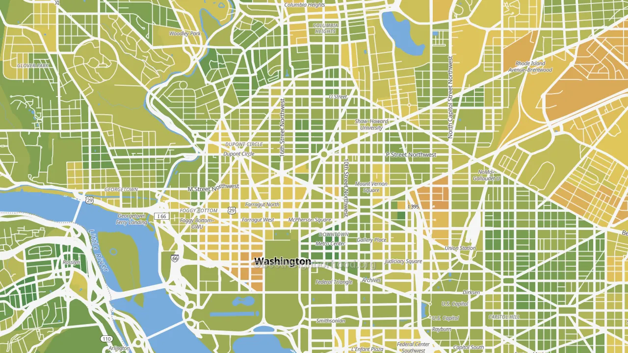 Map of the best neighborhoods in the 20005 area, with better matches in green and worse matches in red