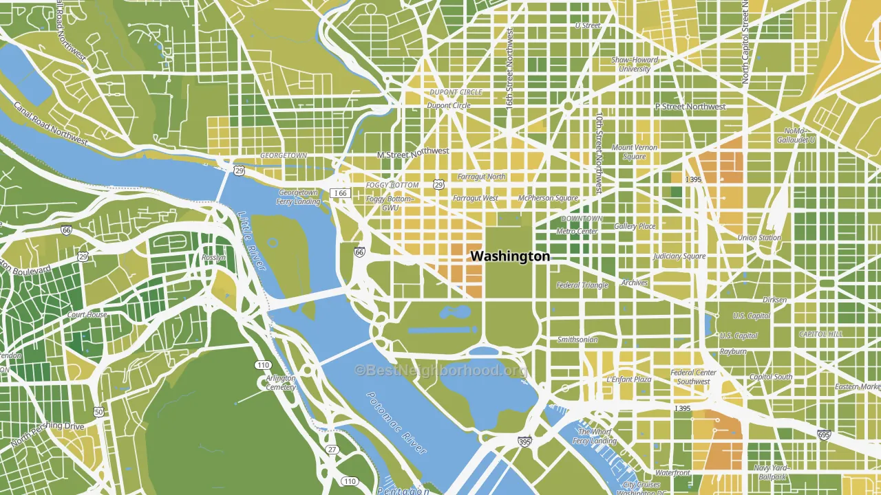 Map of the best neighborhoods in the 20006 area, with better matches in green and worse matches in red
