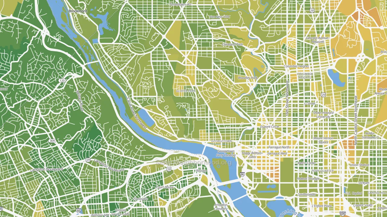 Map of the best neighborhoods in the 20007 area, with better matches in green and worse matches in red