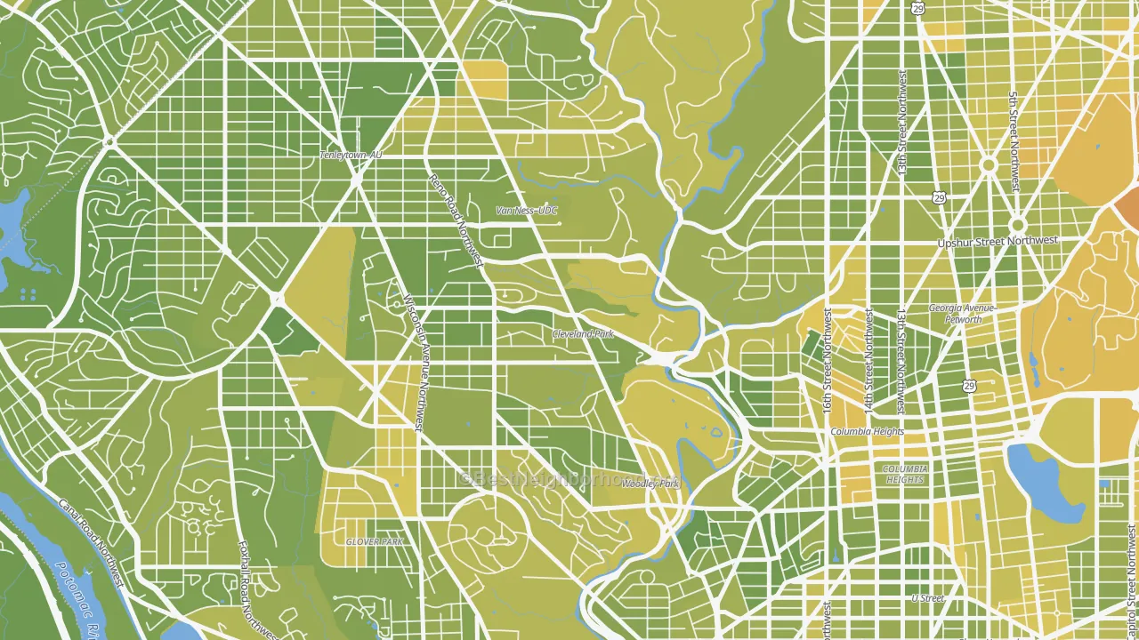 Map of the best neighborhoods in the 20008 area, with better matches in green and worse matches in red