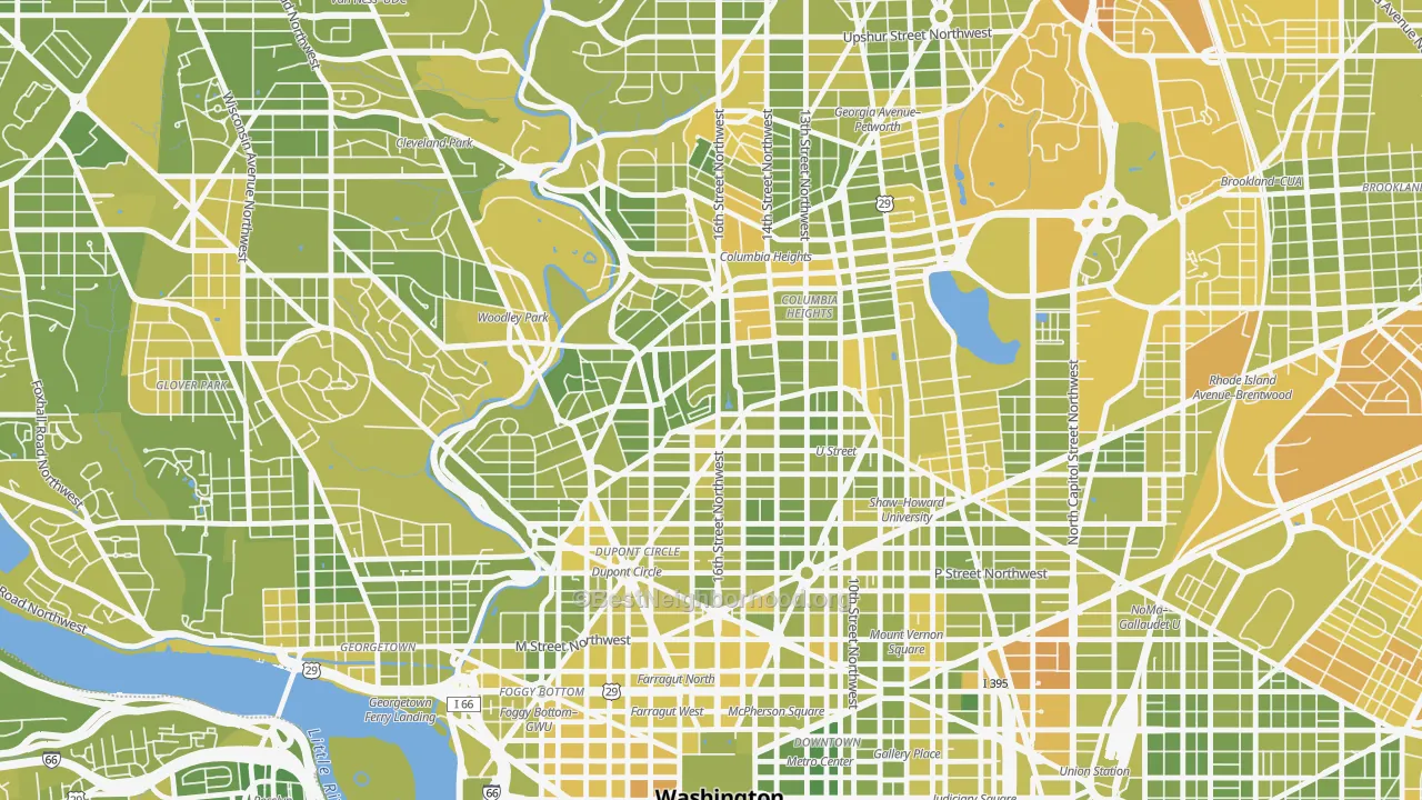 Map of the best neighborhoods in the 20009 area, with better matches in green and worse matches in red