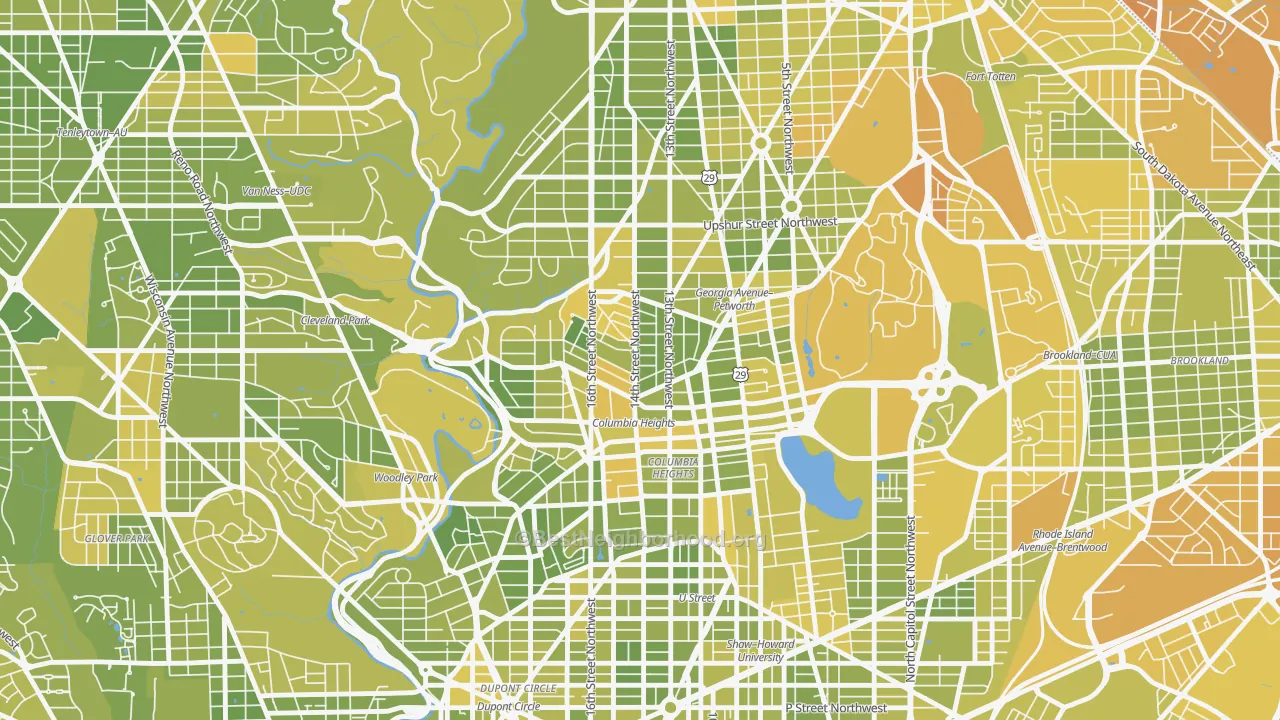 Map of the best neighborhoods in the 20010 area, with better matches in green and worse matches in red