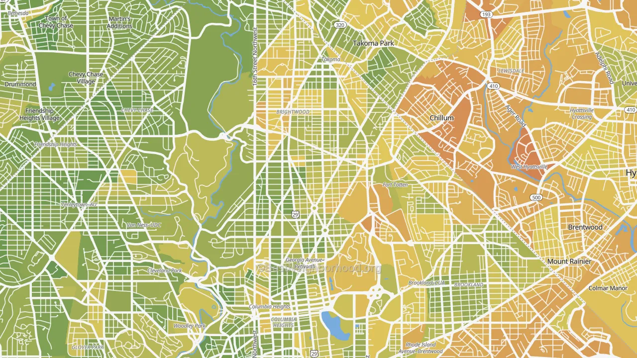 Map of the best neighborhoods in the 20011 area, with better matches in green and worse matches in red
