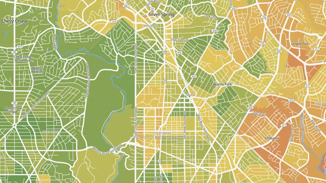 Map of the best neighborhoods in the 20012 area, with better matches in green and worse matches in red