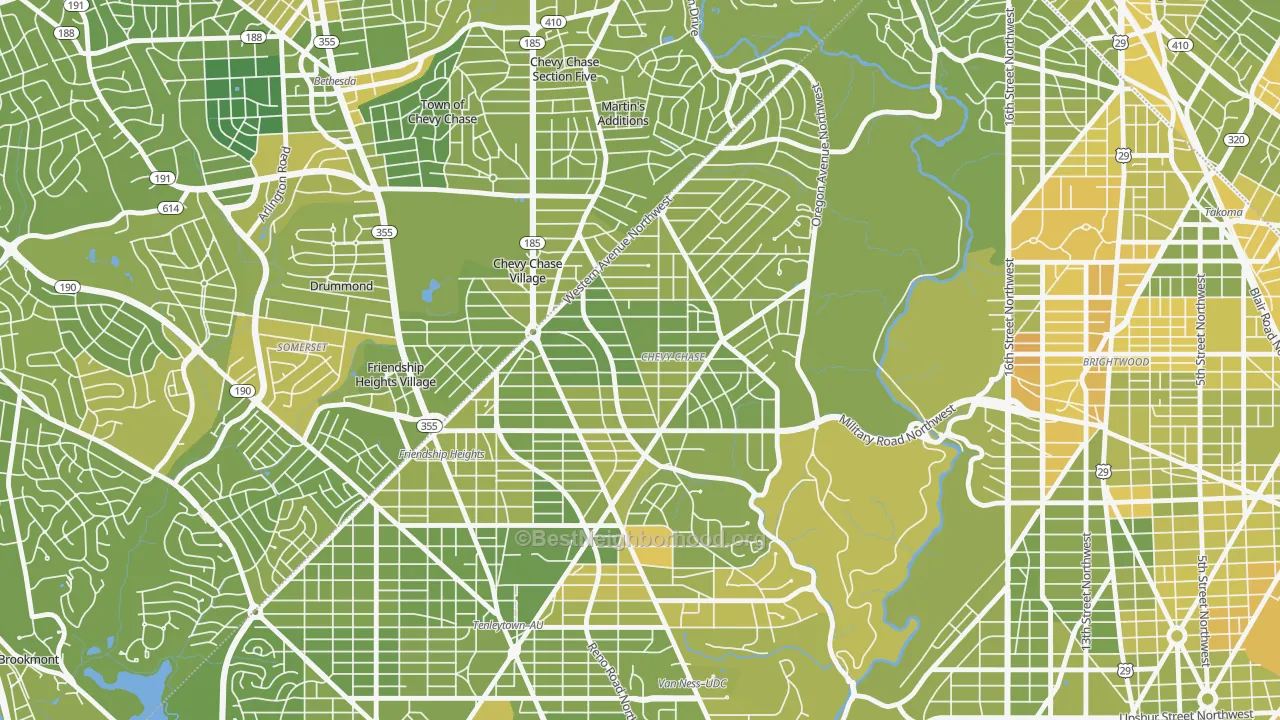Map of the best neighborhoods in the 20015 area, with better matches in green and worse matches in red