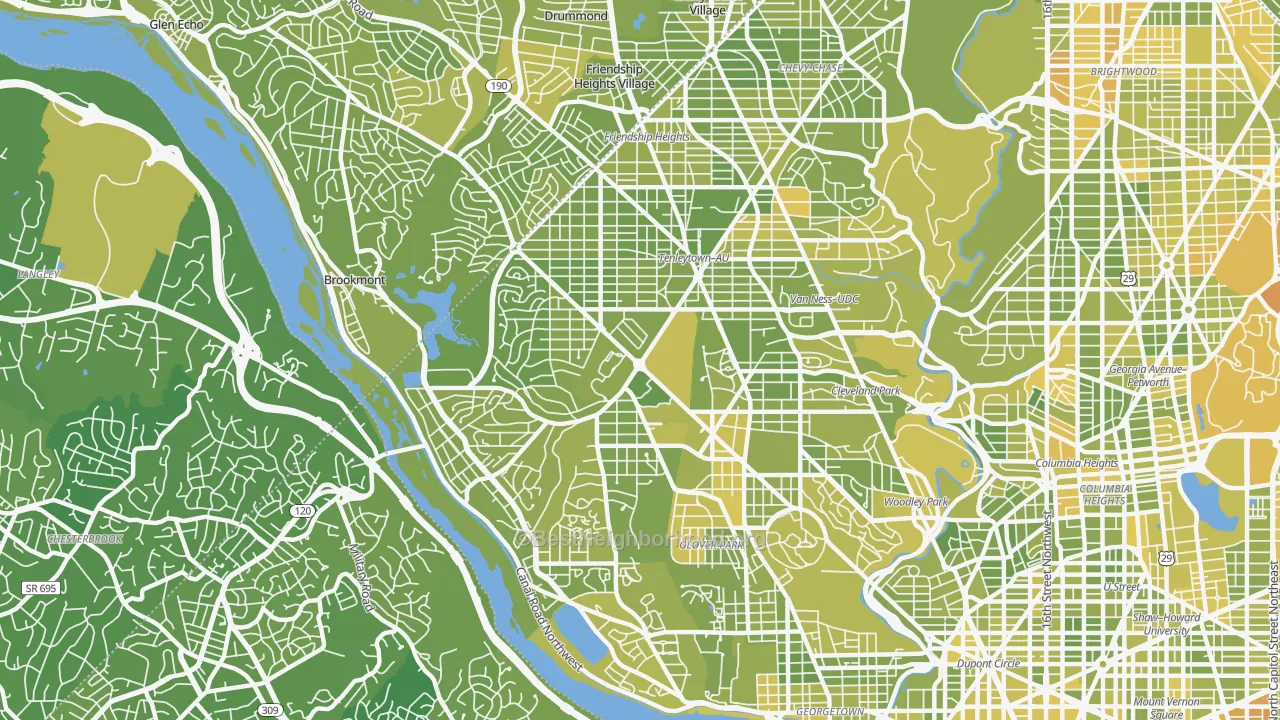 Map of the best neighborhoods in the 20016 area, with better matches in green and worse matches in red