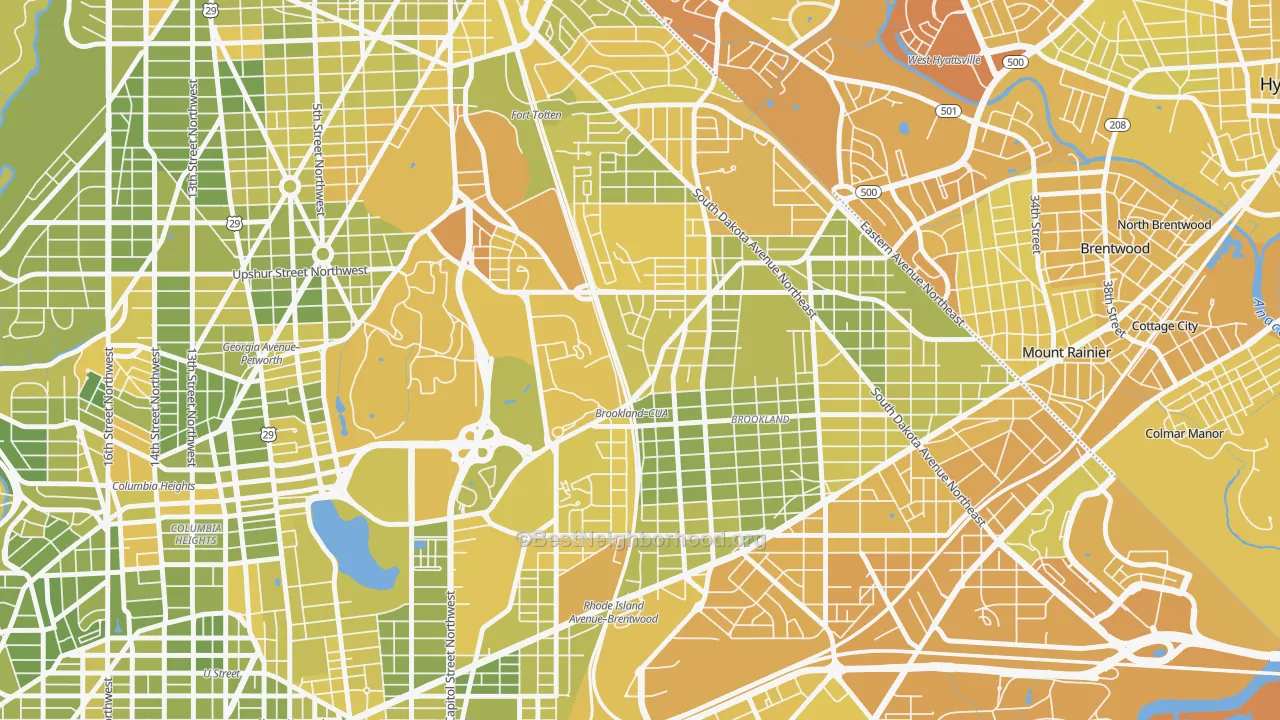 Map of the best neighborhoods in the 20017 area, with better matches in green and worse matches in red