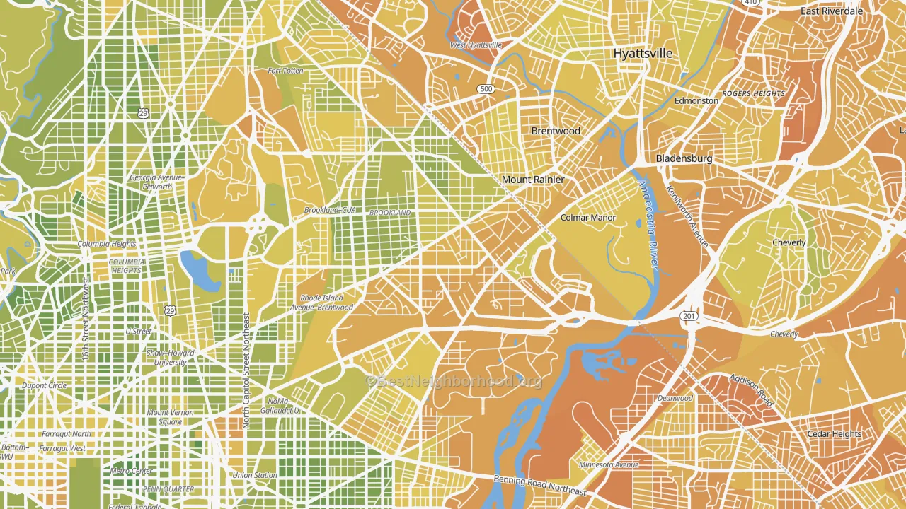 Map of the best neighborhoods in the 20018 area, with better matches in green and worse matches in red