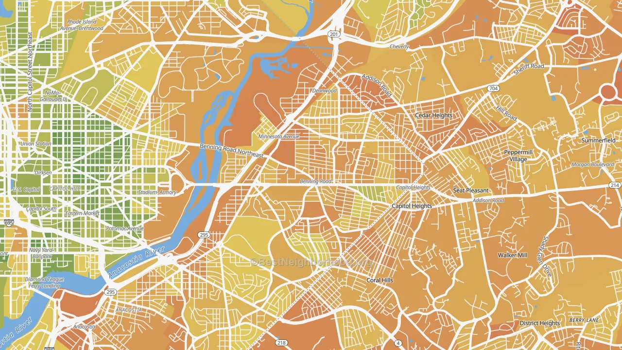 Map of the best neighborhoods in the 20019 area, with better matches in green and worse matches in red