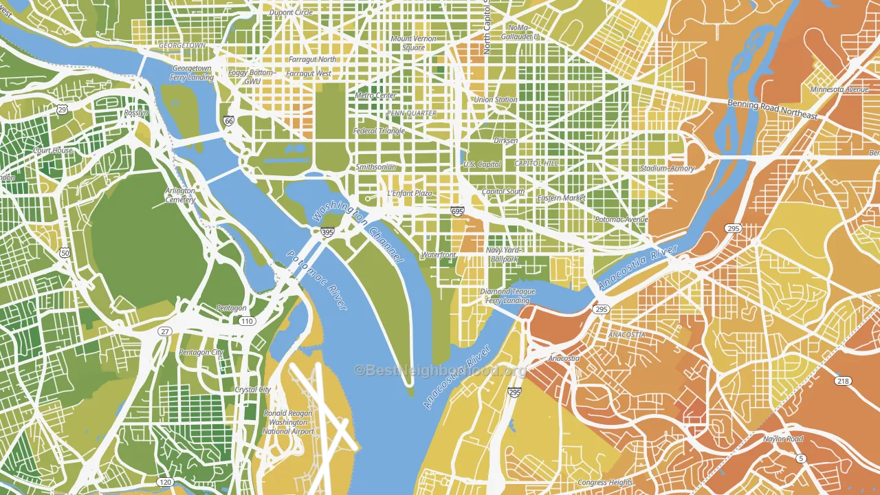 Map of the best neighborhoods in the 20024 area, with better matches in green and worse matches in red