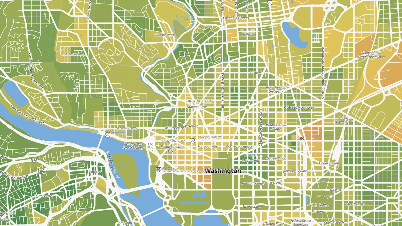 Map of the best neighborhoods in the 20036 area, with better matches in green and worse matches in red