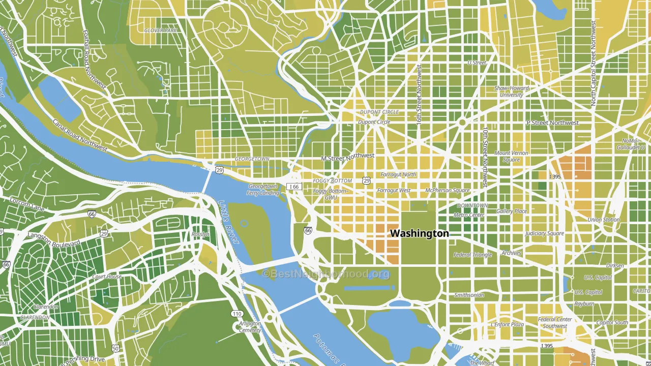 Map of the best neighborhoods in the 20037 area, with better matches in green and worse matches in red