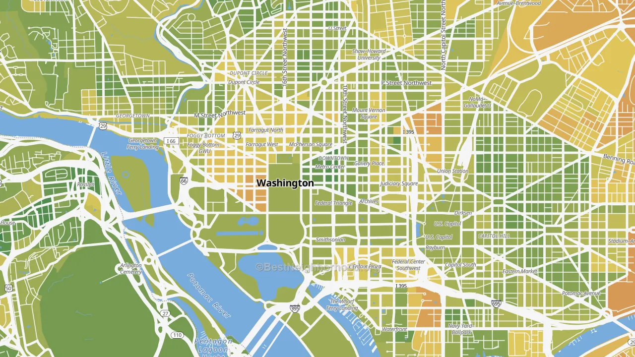 Map of the best neighborhoods in the 20045 area, with better matches in green and worse matches in red