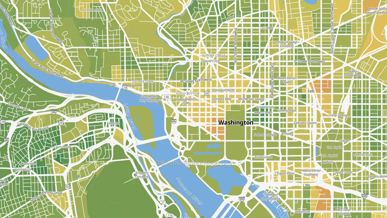 Map of the best neighborhoods in the 20052 area, with better matches in green and worse matches in red